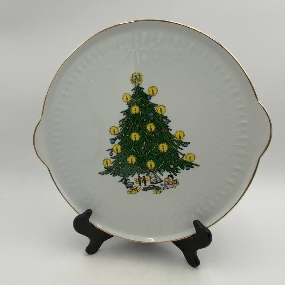 Royal Eagle Edelstein USA Christmas Tree Serving Platter 12" Vintage Gold Trim